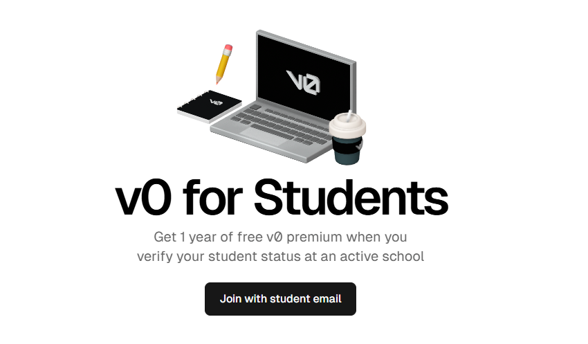 Screenshot of the v0.dev interface showing prompt input and code generation options